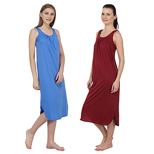 BLAZON Women's Cotton Hosiery Solid Maxi Nighty Slip (Pack of 2) Available Sizes: S, M, L, XL, 2XL, 3XL, 4XL, 5XL - Azure Blue, Maroon