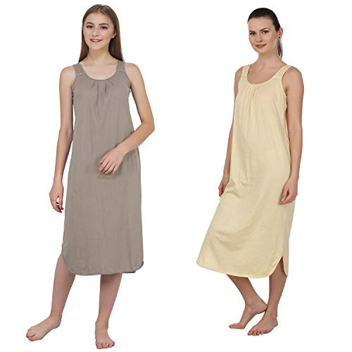 BLAZON Women's Cotton Hosiery Solid Maxi Nighty Slip (Pack of 2) Available Sizes: S, M, L, XL, 2XL, 3XL, 4XL, 5XL - Smoky Grey, Skin