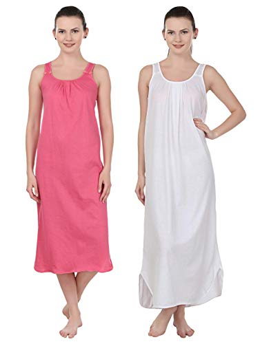 BLAZON Women's Cotton Nighty Slip - Set of 2 (Dark Pink & White)