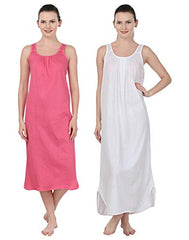 BLAZON Women's Cotton Nighty Slip - Set of 2 (Dark Pink & White)