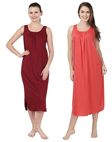 BLAZON Women's Cotton Nighty Slip - Set of 2 (Maroon & Peach)