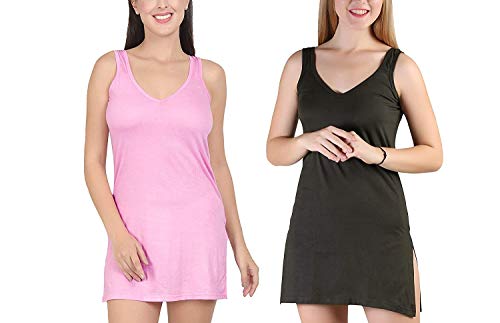 BLAZON Women's Cotton Hosiery Selfie Midi Slip Combo Pack of 2 (Available Sizes: XS, S, M, L, XL, 2XL, 3XL, 4XL, 5XL) - Pink, Martini Olive