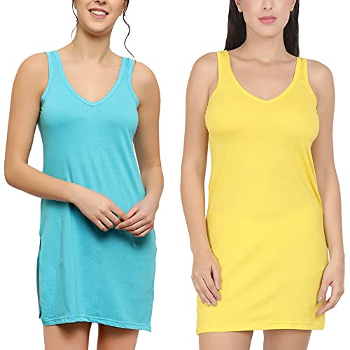 BLAZON Women's Cotton Hosiery Selfie Midi Slip Combo Pack of 2 (Available Sizes: XS, S, M, L, XL, 2XL, 3XL, 4XL, 5XL) - Turquoise, Yellow