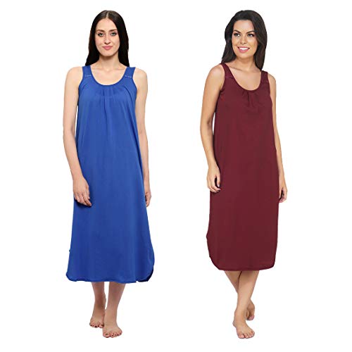 BLAZON Women's Cotton Hosiery Solid Maxi Nighty Slip (Pack of 2) Available Sizes: S, M, L, XL, 2XL, 3XL, 4XL, 5XL - Sapphire Blue, Tamarind