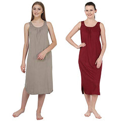 BLAZON Women's Cotton Hosiery Solid Maxi Nighty Slip (Pack of 2) Available Sizes: S, M, L, XL, 2XL, 3XL, 4XL, 5XL - Smoky Grey, Maroon