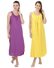 BLAZON Women's Cotton Nighty Slip - Set of 2 (Purple & Yellow)