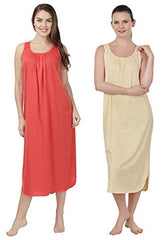 BLAZON Women's Cotton Nighty Slip - Set of 2 (Orange & Skin)