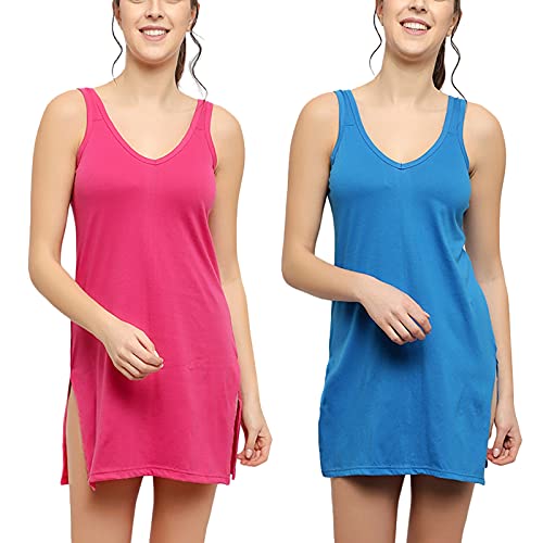 BLAZON Women's Cotton Hosiery Selfie Midi Slip Combo Pack of 2 (Available Sizes: XS, S, M, L, XL, 2XL, 3XL, 4XL, 5XL) - Dark Pink, Royal Blue