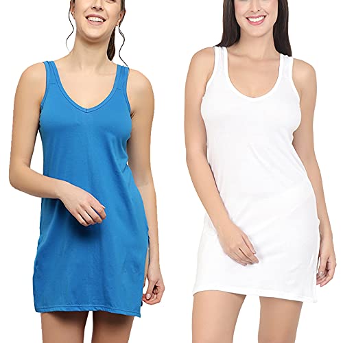 BLAZON Women's Cotton Hosiery Selfie Midi Slip Combo Pack of 2 (Available Sizes: XS, S, M, L, XL, 2XL, 3XL, 4XL, 5XL) - Royal Blue, White