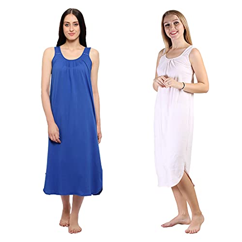 BLAZON Women's Cotton Hosiery Solid Maxi Nighty Slip (Pack of 2) Available Sizes: S, M, L, XL, 2XL, 3XL, 4XL, 5XL - Sapphire Blue, Strawberry Frost