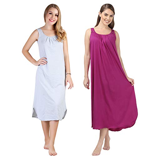 BLAZON Women's Cotton Hosiery Solid Maxi Nighty Slip (Pack of 2) Available Sizes: S, M, L, XL, 2XL, 3XL, 4XL, 5XL - Blueberry Frost, Vivid Violet