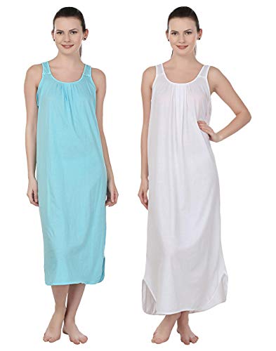 BLAZON Women's Cotton Nighty Slip - Set of 2 (Turquoise & White)