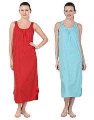 BLAZON Women's Cotton Nighty Slip - Set of 2 (Turquoise & Red)