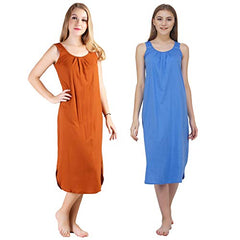 BLAZON Women's Cotton Hosiery Solid Maxi Nighty Slip (Pack of 2) Available Sizes: S, M, L, XL, 2XL, 3XL, 4XL, 5XL - Brandy, Azure Blue