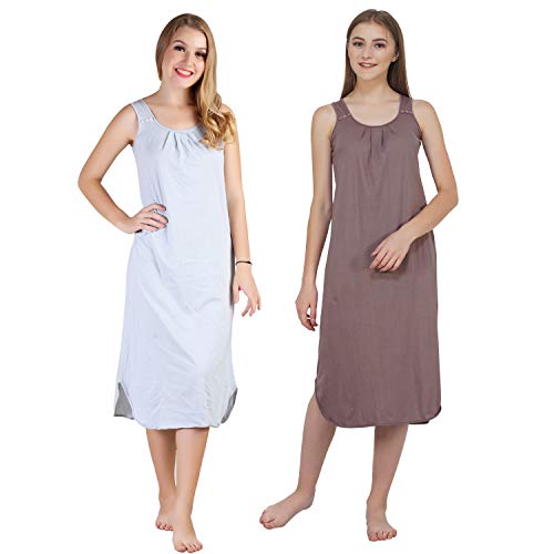 BLAZON Women's Cotton Hosiery Solid Maxi Nighty Slip (Pack of 2) Available Sizes: S, M, L, XL, 2XL, 3XL, 4XL, 5XL - Blueberry Frost, Brownish Grey