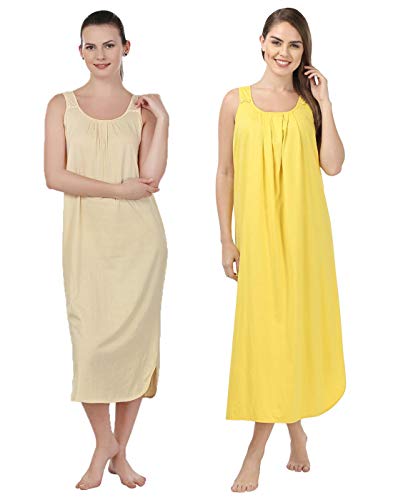 BLAZON Women's Cotton Nighty Slip - Set of 2 (Skin & Yellow)