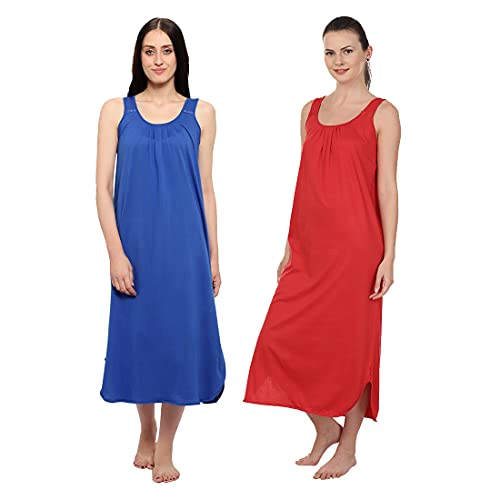 BLAZON Women's Cotton Hosiery Solid Maxi Nighty Slip (Pack of 2) Available Sizes: S, M, L, XL, 2XL, 3XL, 4XL, 5XL - Sapphire Blue, Red