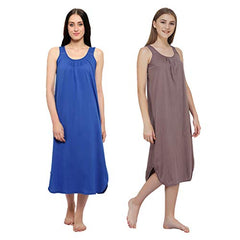 BLAZON Women's Cotton Hosiery Solid Maxi Nighty Slip (Pack of 2) Available Sizes: S, M, L, XL, 2XL, 3XL, 4XL, 5XL - Sapphire Blue, Brownish Grey