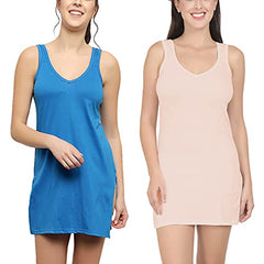 BLAZON Women's Cotton Hosiery Selfie Midi Slip Combo Pack of 2 (Available Sizes: XS, S, M, L, XL, 2XL, 3XL, 4XL, 5XL) - Royal Blue, Peach