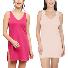 BLAZON Women's Cotton Hosiery Selfie Midi Slip Combo Pack of 2 (Available Sizes: XS, S, M, L, XL, 2XL, 3XL, 4XL, 5XL) - Dark Pink, Peach