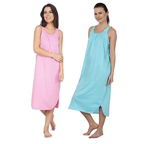 BLAZON Women's Cotton Hosiery Solid Maxi Nighty Slip (Pack of 2) Available Sizes: S, M, L, XL, 2XL, 3XL, 4XL, 5XL - Pink, Turquoise