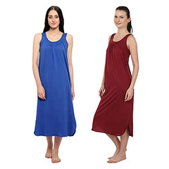 BLAZON Women's Cotton Hosiery Solid Maxi Nighty Slip (Pack of 2) Available Sizes: S, M, L, XL, 2XL, 3XL, 4XL, 5XL - Sapphire Blue, Maroon