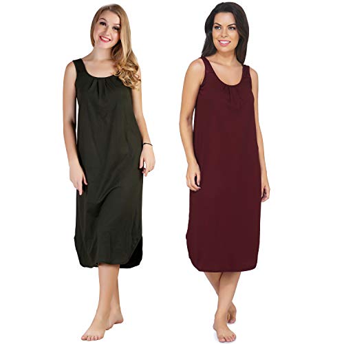 BLAZON Women's Cotton Hosiery Solid Maxi Nighty Slip (Pack of 2) Available Sizes: S, M, L, XL, 2XL, 3XL, 4XL, 5XL - Martini Olive, Tamarind