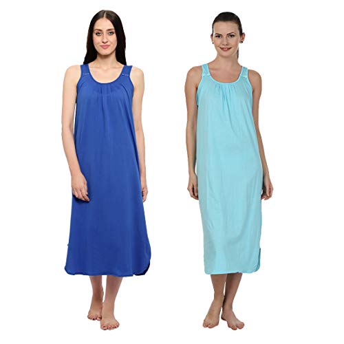 BLAZON Women's Cotton Hosiery Solid Maxi Nighty Slip (Pack of 2) Available Sizes: S, M, L, XL, 2XL, 3XL, 4XL, 5XL - Sapphire Blue, Turquoise