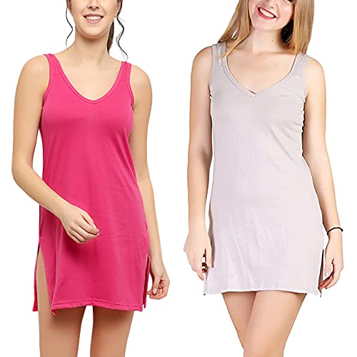 BLAZON Women's Cotton Hosiery Selfie Midi Slip Combo Pack of 2 (Available Sizes: XS, S, M, L, XL, 2XL, 3XL, 4XL, 5XL) - Dark Pink, Almond Frost