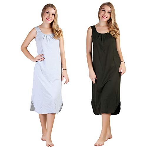 BLAZON Women's Cotton Hosiery Solid Maxi Nighty Slip (Pack of 2) Available Sizes: S, M, L, XL, 2XL, 3XL, 4XL, 5XL - Blueberry Frost, Martini Olive