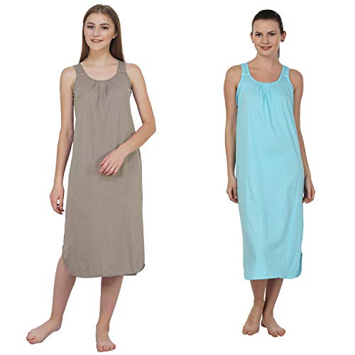 BLAZON Women's Cotton Hosiery Solid Maxi Nighty Slip (Pack of 2) Available Sizes: S, M, L, XL, 2XL, 3XL, 4XL, 5XL - Smoky Grey, Turquoise