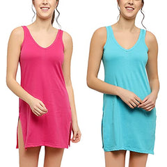 BLAZON Women's Cotton Hosiery Selfie Midi Slip Combo Pack of 2 (Available Sizes: XS, S, M, L, XL, 2XL, 3XL, 4XL, 5XL) - Dark Pink, Turquoise