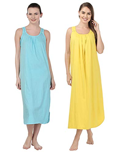 BLAZON Women's Cotton Nighty Slip - Set of 2 (Turquoise & Yellow)