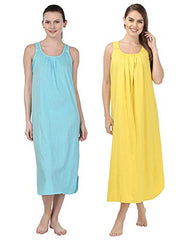 BLAZON Women's Cotton Nighty Slip - Set of 2 (Turquoise & Yellow)