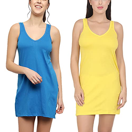 BLAZON Women's Cotton Hosiery Selfie Midi Slip Combo Pack of 2 (Available Sizes: XS, S, M, L, XL, 2XL, 3XL, 4XL, 5XL) - Royal Blue, Yellow