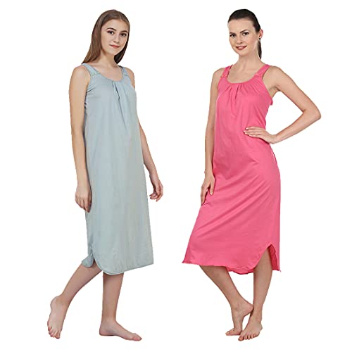 BLAZON Women's Cotton Hosiery Solid Maxi Nighty Slip (Pack of 2) Available Sizes: S, M, L, XL, 2XL, 3XL, 4XL, 5XL - Wisp Grey, Dark Pink