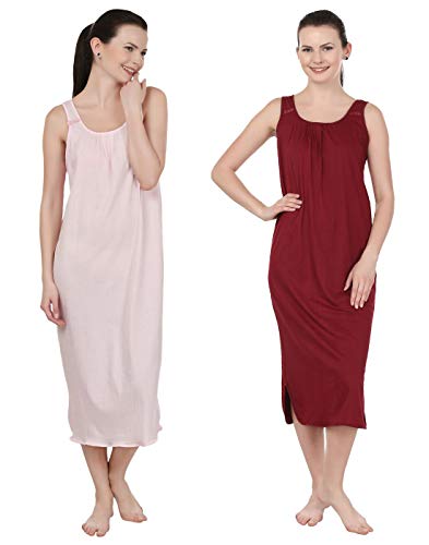 BLAZON Women's Cotton Nighty Slip - Set of 2 (Baby Pink & Maroon)