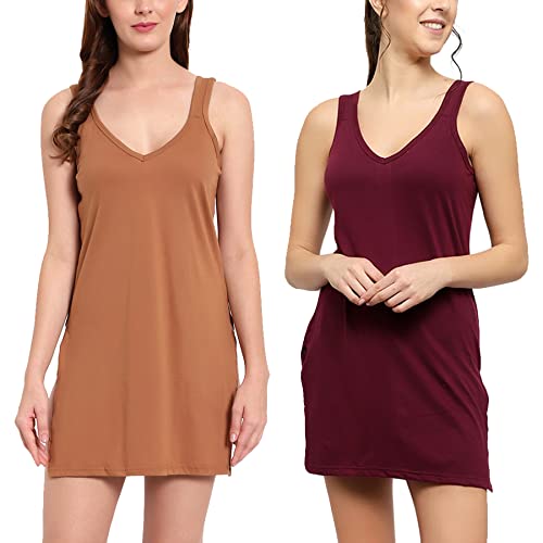 BLAZON Women's Cotton Hosiery Selfie Midi Slip Combo Pack of 2 (Available Sizes: XS, S, M, L, XL, 2XL, 3XL, 4XL, 5XL) - Wood, Tamarind