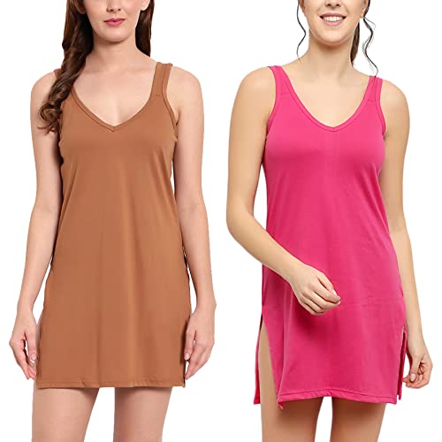 BLAZON Women's Cotton Hosiery Selfie Midi Slip Combo Pack of 2 (Available Sizes: XS, S, M, L, XL, 2XL, 3XL, 4XL, 5XL) - Wood, Dark Pink