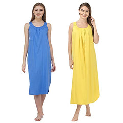 BLAZON Women's Cotton Hosiery Solid Maxi Nighty Slip (Pack of 2) Available Sizes: S, M, L, XL, 2XL, 3XL, 4XL, 5XL - Azure Blue, Yellow