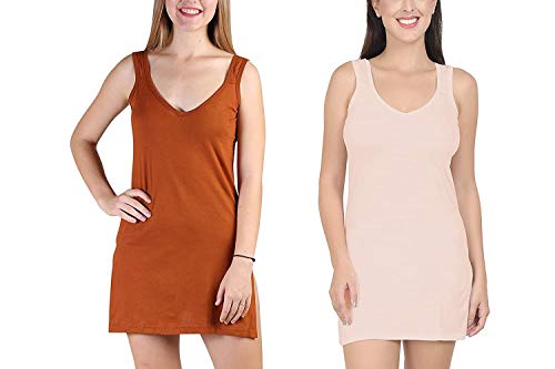 BLAZON Women's Cotton Hosiery Selfie Midi Slip Combo Pack of 2 (Available Sizes: XS, S, M, L, XL, 2XL, 3XL, 4XL, 5XL) - Brandy, Peach