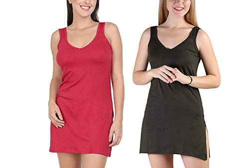 BLAZON Women's Cotton Hosiery Selfie Midi Slip Combo Pack of 2 (Available Sizes: XS, S, M, L, XL, 2XL, 3XL, 4XL, 5XL) - Red, Martini Olive