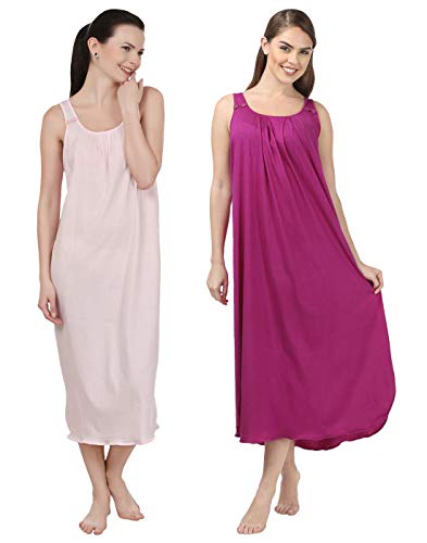 BLAZON Women's Cotton Nighty Slip - Set of 2 (Baby Pink & Vivid Violet)