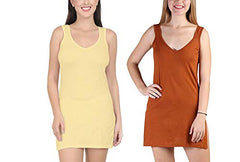 BLAZON Women's Cotton Hosiery Selfie Midi Slip Combo Pack of 2 (Colour: Skin / Dull Yellow, Brandy / Rust; Size: L; Length: 33in; Bust: 36in)