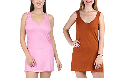 BLAZON Women's Cotton Hosiery Selfie Midi Slip Combo Pack of 2 (Colour: Pink, Brandy / Rust; Size: S; Length: 31in; Bust: 32in)