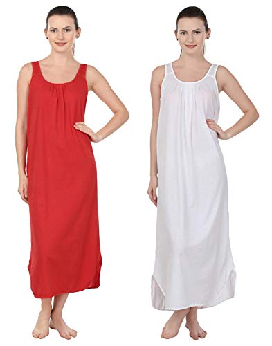 BLAZON Women's Cotton Nighty Slip - Set of 2 (White & Red)