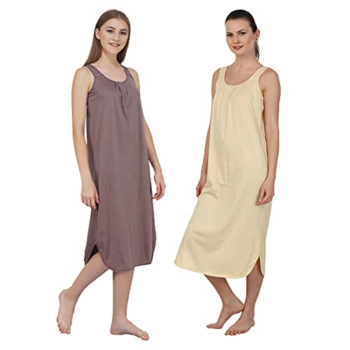 BLAZON Women's Cotton Hosiery Solid Maxi Nighty Slip (Pack of 2) Available Sizes: S, M, L, XL, 2XL, 3XL, 4XL, 5XL - Brownish Grey, Skin