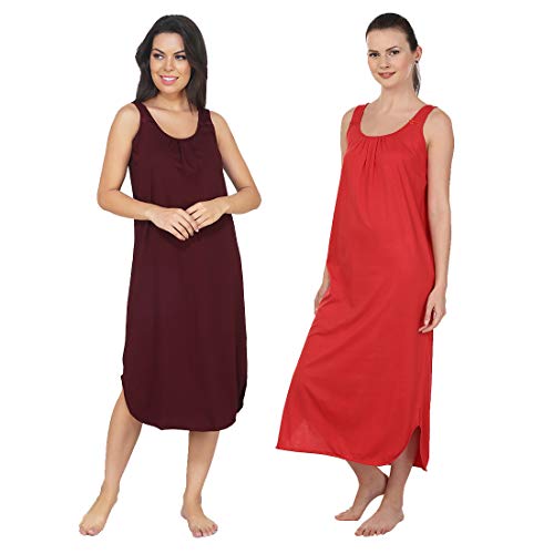 BLAZON Women's Cotton Hosiery Solid Maxi Nighty Slip (Pack of 2) Available Sizes: S, M, L, XL, 2XL, 3XL, 4XL, 5XL - Tamarind, Red