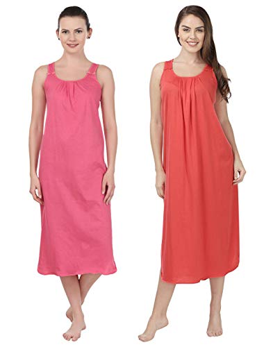 BLAZON Women's Cotton Nighty Slip - Set of 2 (Dark Pink & Orange)