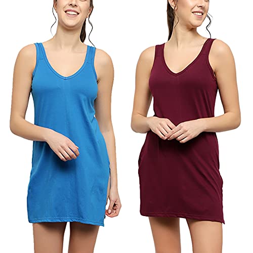 BLAZON Women's Cotton Hosiery Selfie Midi Slip Combo Pack of 2 (Available Sizes: XS, S, M, L, XL, 2XL, 3XL, 4XL, 5XL) - Royal Blue, Tamarind